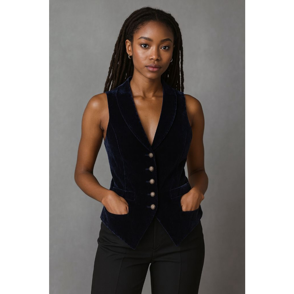 Women's Forever 21 Navy Velvet Vest S with Gold Buttons